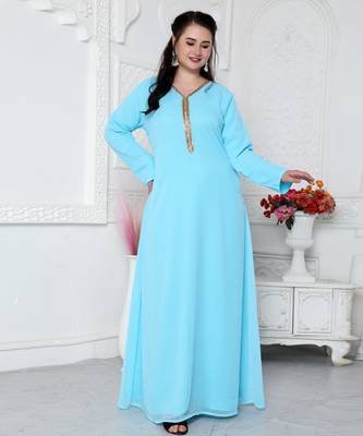 Sky Blue Kaftan In Gold Bling Embroidery 4
