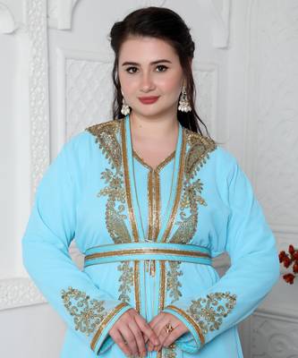 Sky Blue Kaftan In Gold Bling Embroidery 5