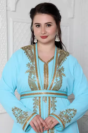 Sky Blue Kaftan In Gold Bling Embroidery