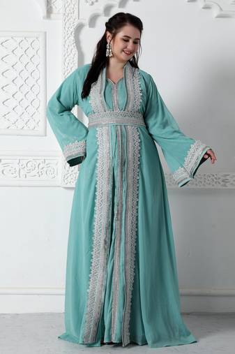 Moroccan Lace Jalabiya In Silver Embossed Foil Print