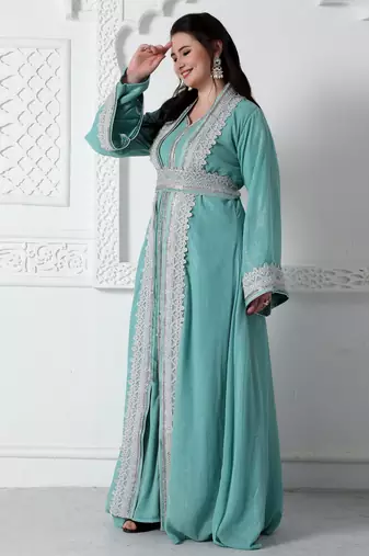 Moroccan Lace Jalabiya In Silver Embossed Foil Print