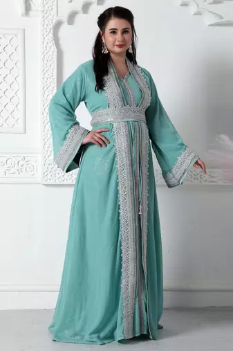 Moroccan Lace Jalabiya In Silver Embossed Foil Print