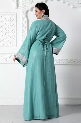 Moroccan Lace Jalabiya In Silver Embossed Foil Print