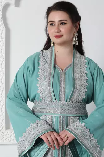 Moroccan Lace Jalabiya In Silver Embossed Foil Print