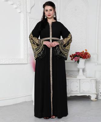 Big Flaired Sleeve Jalabiya With Golden Aari Embroidery 1