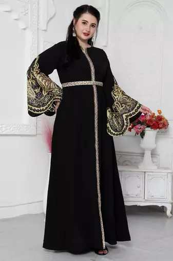 Big Flaired Sleeve Jalabiya With Golden Aari Embroidery