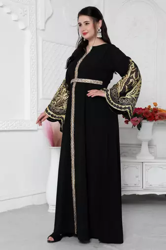Big Flaired Sleeve Jalabiya With Golden Aari Embroidery