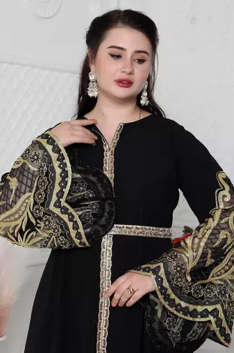 Big Flaired Sleeve Jalabiya With Golden Aari Embroidery