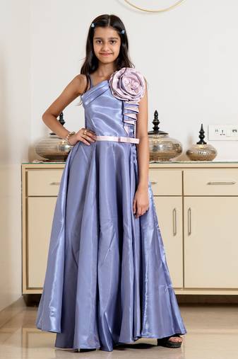 Purple satin plain sleeveless party gown for girls