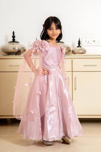Pink satin plain short sleeve party gown for girls