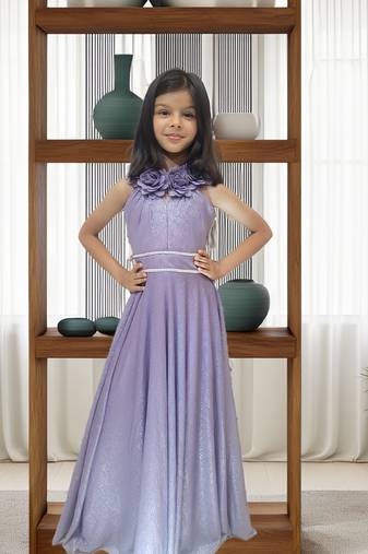 Purple silk blend plain sleeveless party gown for girls