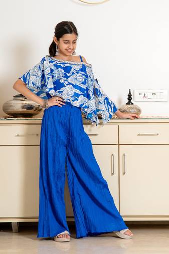 Blue silk blend printed elbow sleeve party sharara set for girls