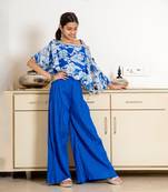 Blue silk blend printed elbow sleeve party sharara set for girls