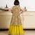 Yellow silk blend embroidered sleeveless party lehenga with shrug for girls