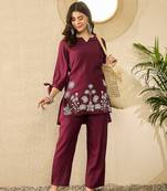 Women purple silk blend solid embroidered coord sets
