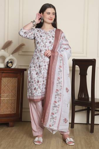 white cotton blend printed ready to wear patiala salwar suit