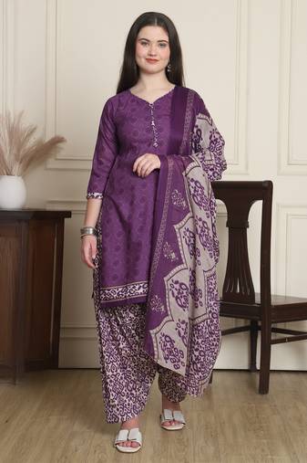 purple cotton blend printed ready to wear patiala salwar suit