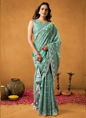 pastel green spun floral cotton jamdani saree 1