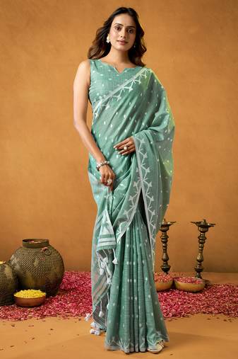 pastel green spun floral cotton jamdani saree