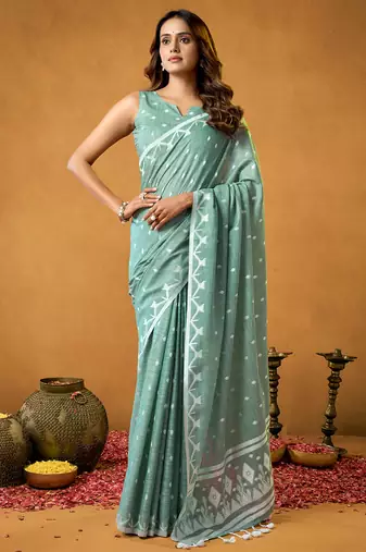 pastel green spun floral cotton jamdani saree