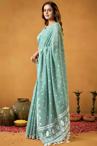 pastel green spun floral cotton jamdani saree