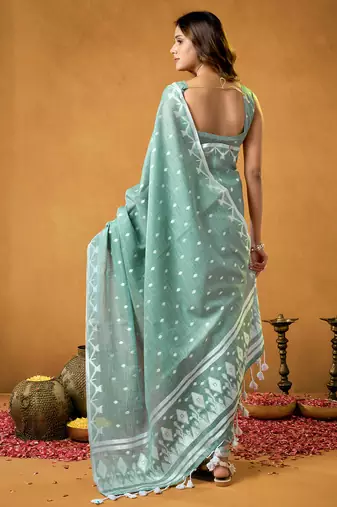 pastel green spun floral cotton jamdani saree