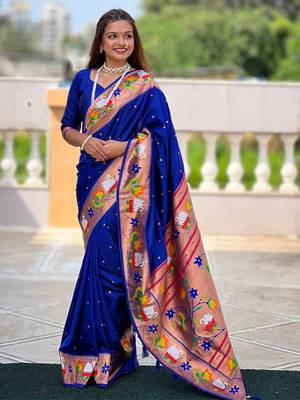 Blue paithani silk blend saree with unstitched blouse 1