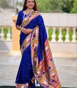 Blue paithani silk blend saree with unstitched blouse