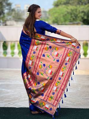 Blue paithani silk blend saree with unstitched blouse 2