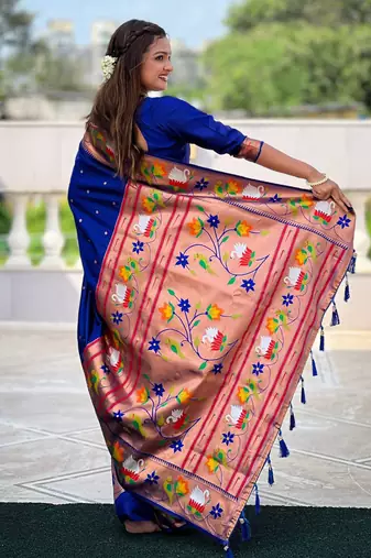 Blue paithani silk blend saree with unstitched blouse