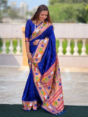 Blue paithani silk blend saree with unstitched blouse 3