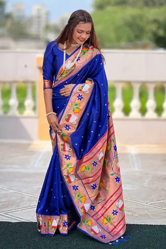 Blue paithani silk blend saree with unstitched blouse