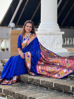 Blue paithani silk blend saree with unstitched blouse 4