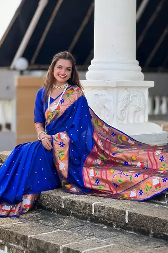 Blue paithani silk blend saree with unstitched blouse