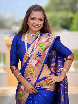 Blue paithani silk blend saree with unstitched blouse 5