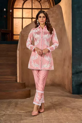 Pink embroidered viscose rayon jimmy salmon co ord sets