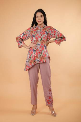 Pink printed silk blend urfi purple co ord sets