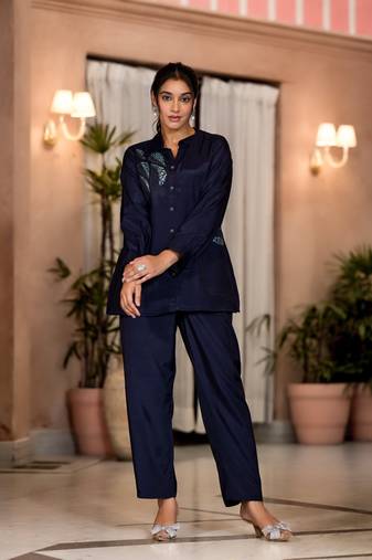 Navy blue embroidered blended cotton irene azure co ord sets