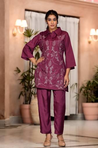 Purple embroidered blended cotton irene plum co ord sets