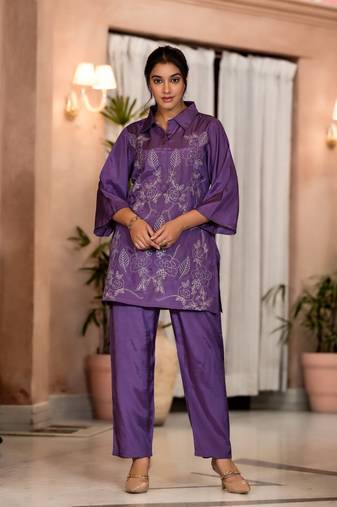 Purple embroidered blended cotton irene orchid co ord sets