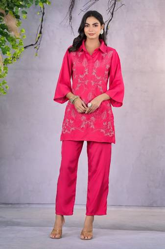 Pink embroidered blended cotton irene candy co ord sets