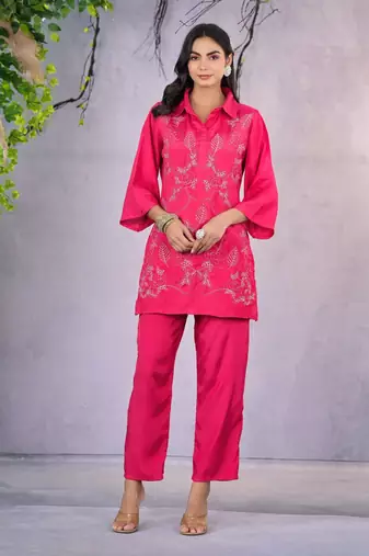Pink embroidered blended cotton irene candy co ord sets