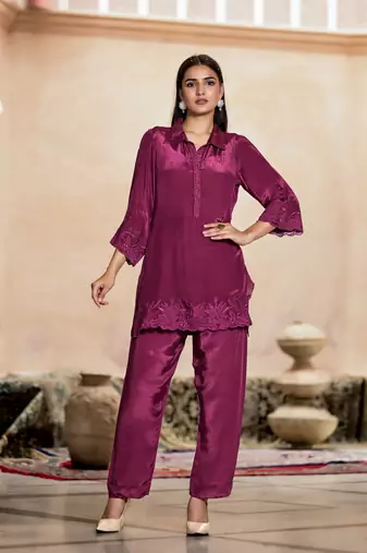 Wine embroidered crepe irene jam co ord sets