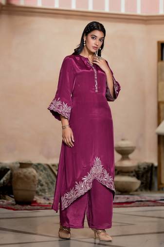 Wine embroidered cotton irene mulberry co ord sets