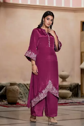 Wine embroidered cotton irene mulberry co ord sets