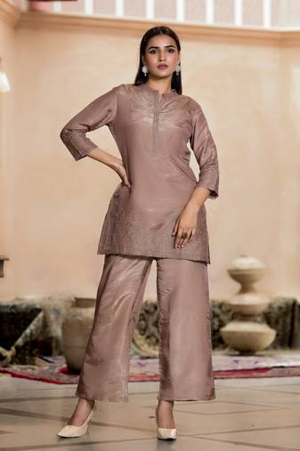 Brown embroidered blended cotton irene caramel co ord sets