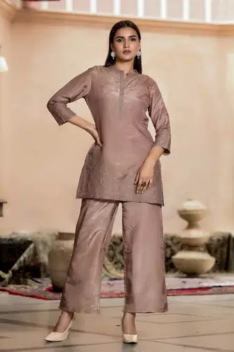 Brown embroidered blended cotton irene caramel co ord sets