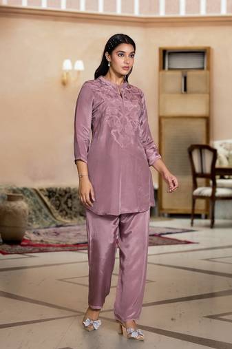 Purple embroidered crepe irene rose co ord sets