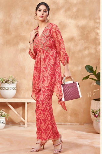 Red embroidered silk blend normichi red co ord sets
