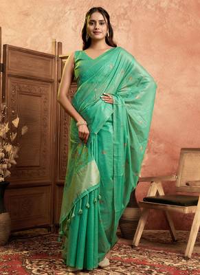Sea green cotton spun floral jamdani saree with running blouse 1